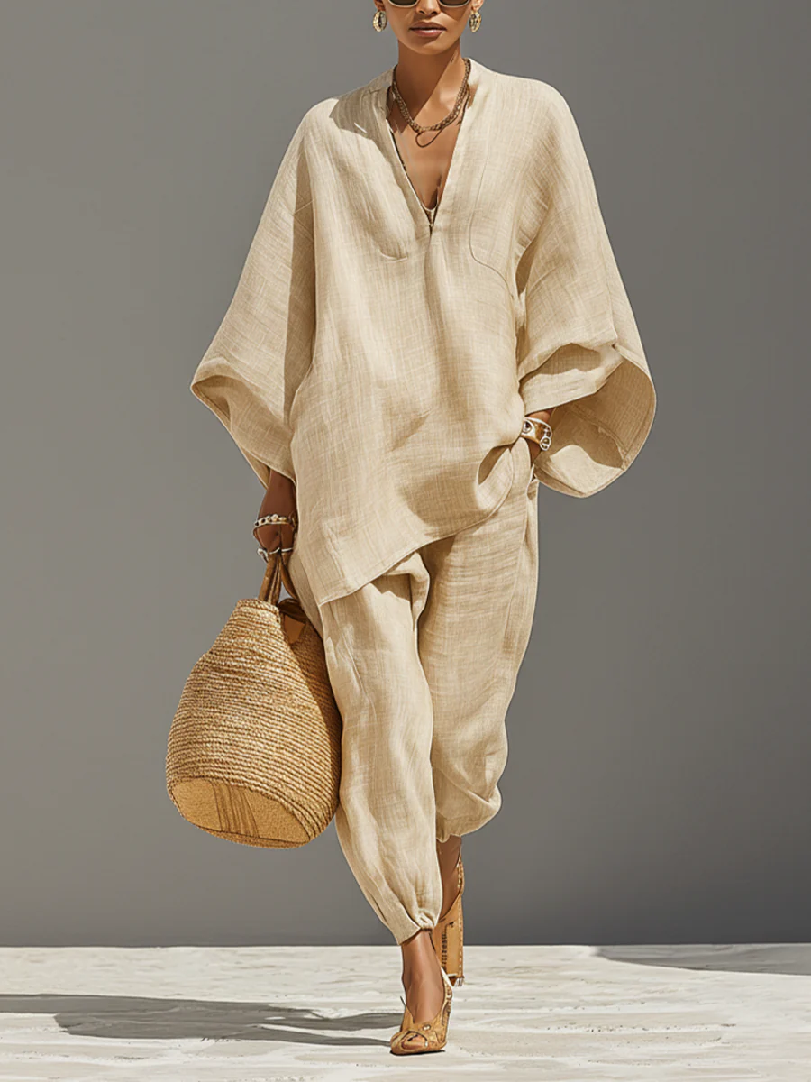 Kiera asymmetrical hem top and jogger set in light khaki, full front view