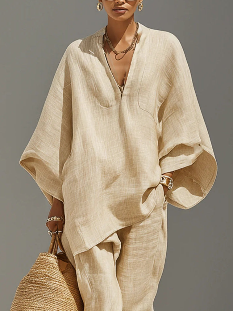 Kiera set in light khaki, close view of V-neck collar and sleeves