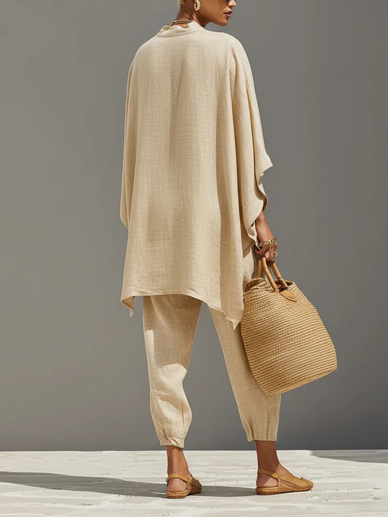 Kiera two-piece set in light khaki, full back view with woven basket bag