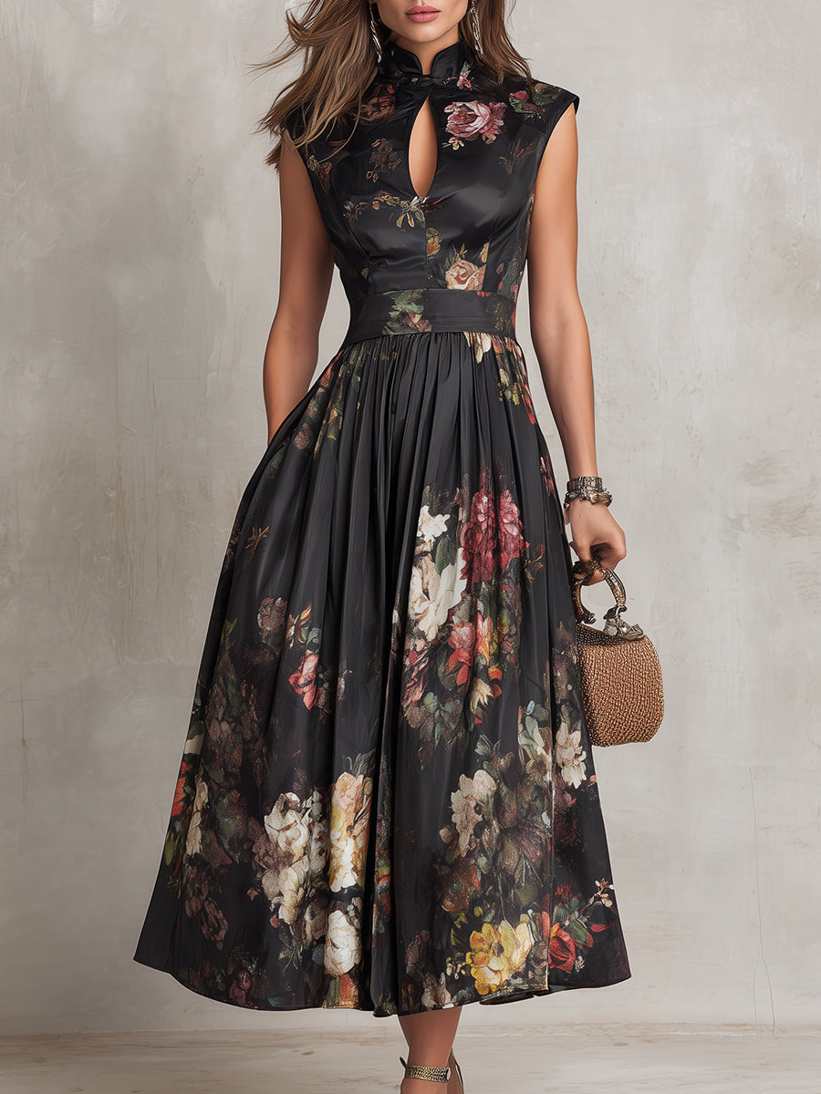 Brianne elegant midi dress in black floral, front view with woven bag