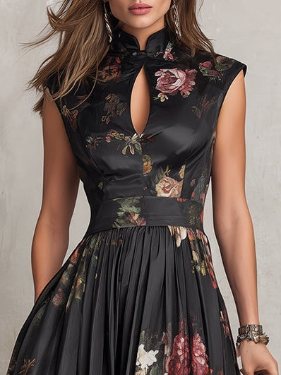 Brianne midi dress close-up of keyhole neckline and stand collar