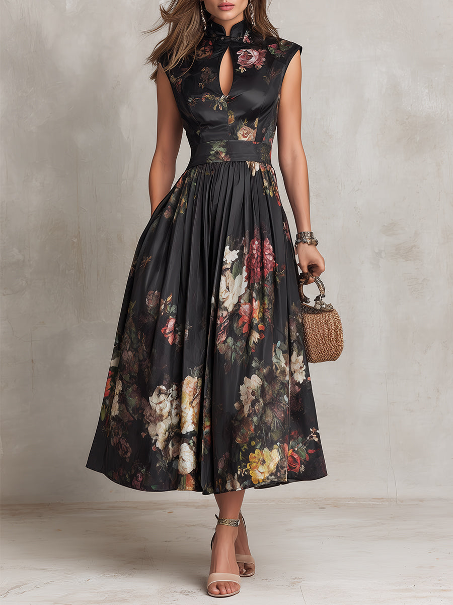 Brianne elegant midi dress in black floral, full-length front view
