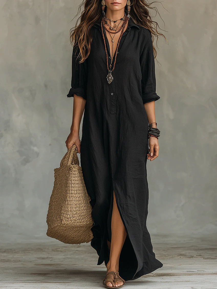 Valeria buttoned maxi dress in black, full-length front view