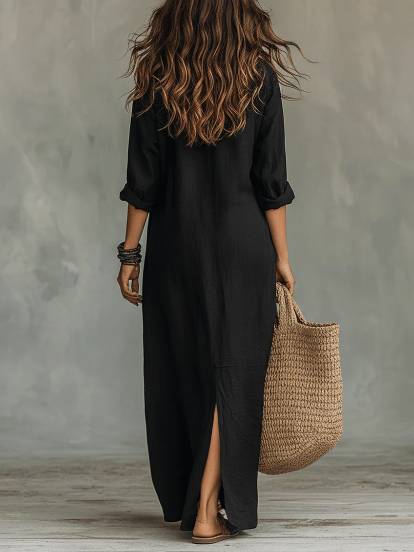 Valeria buttoned maxi dress in black, back view