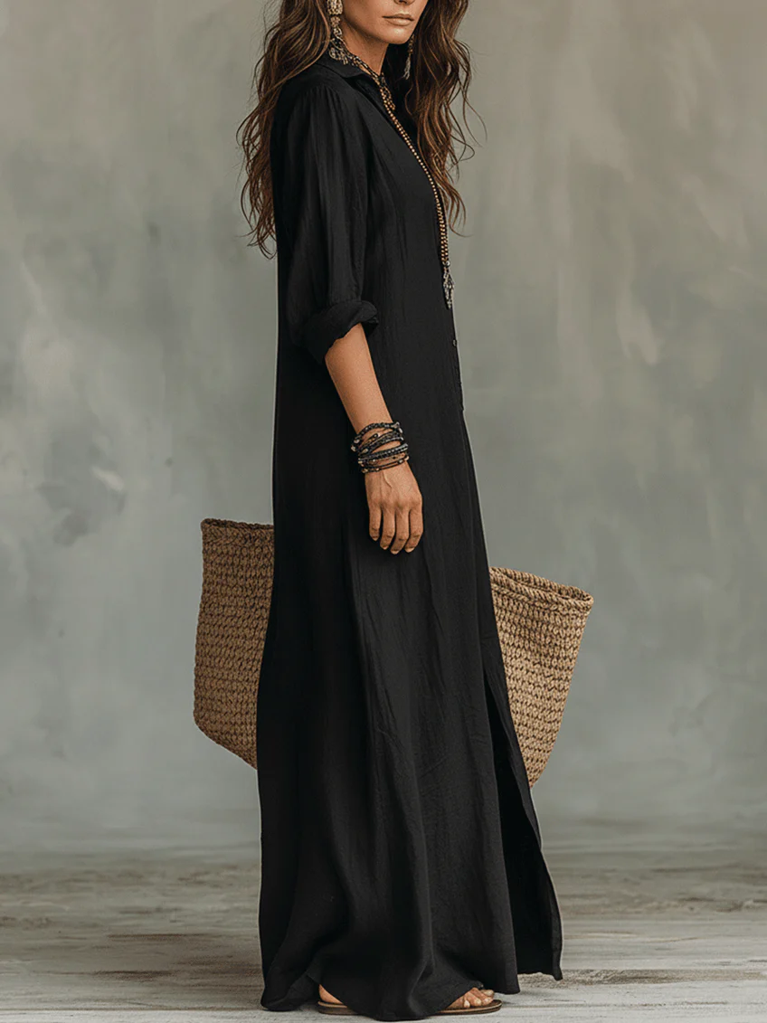 Valeria buttoned maxi dress in black, side view