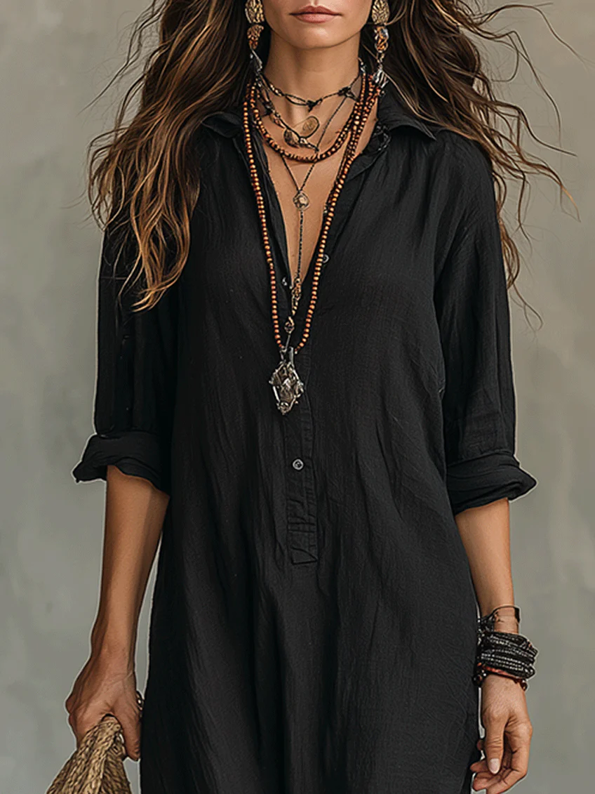 Valeria maxi dress in black, close-up of collar and button placket