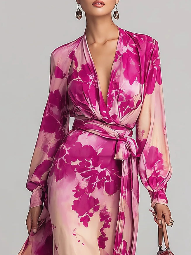 Olivia floral maxi dress close-up of deep wrap neckline and tie sash