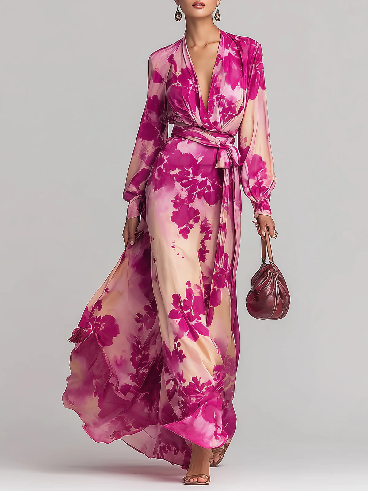 Olivia floral maxi dress in rose red, full-length front view