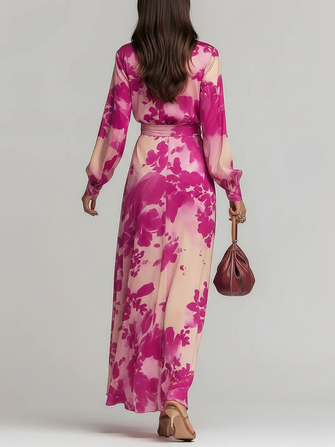 Olivia floral maxi dress in rose red, back view with sash waist