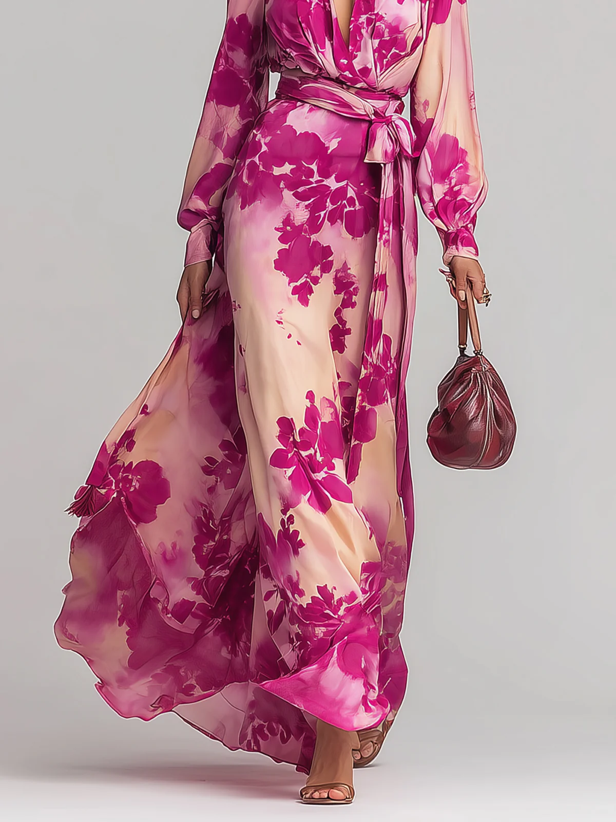 Olivia floral maxi dress detail of flowing skirt and print