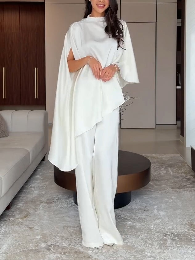 Samantha cape top and trousers set in white, full-length front view