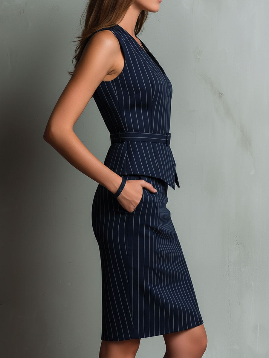 Nina pinstripe set in navy, side view showing tailored waist belt
