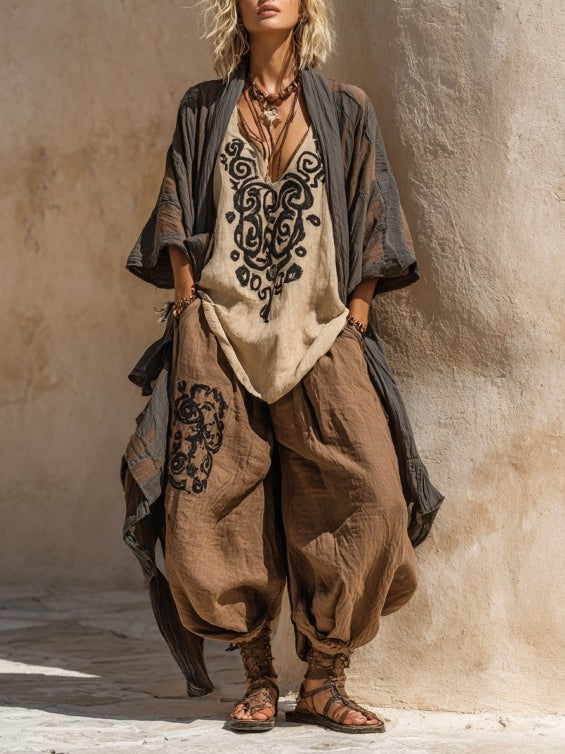 Zara nomadic art print set in brown and beige, full-length front view with cardigan