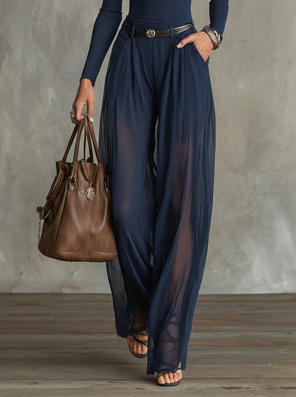 Serena navy pleated wide-leg trousers with side pockets, close view