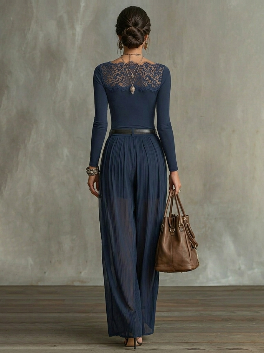 Serena navy two-piece set seen from behind, showing lace back yoke