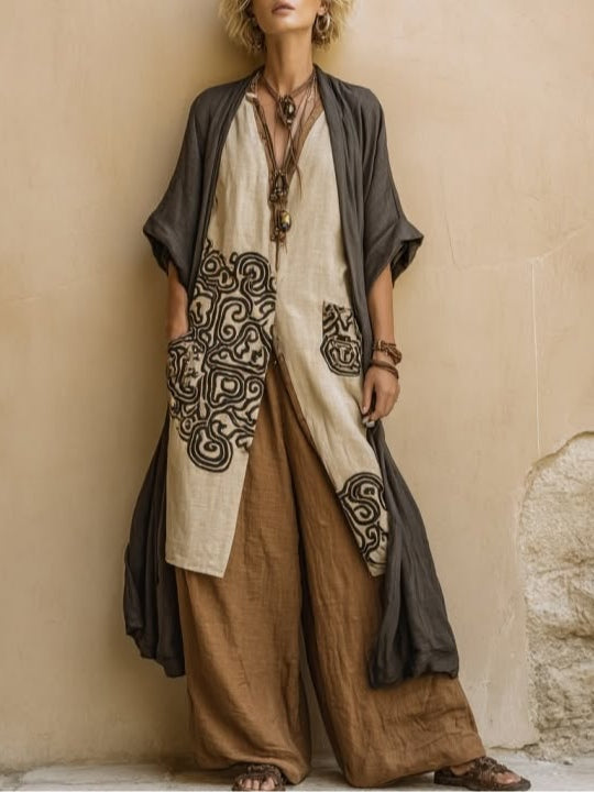 Zara tribal pattern three-piece set in grey brown and beige, full-length front view