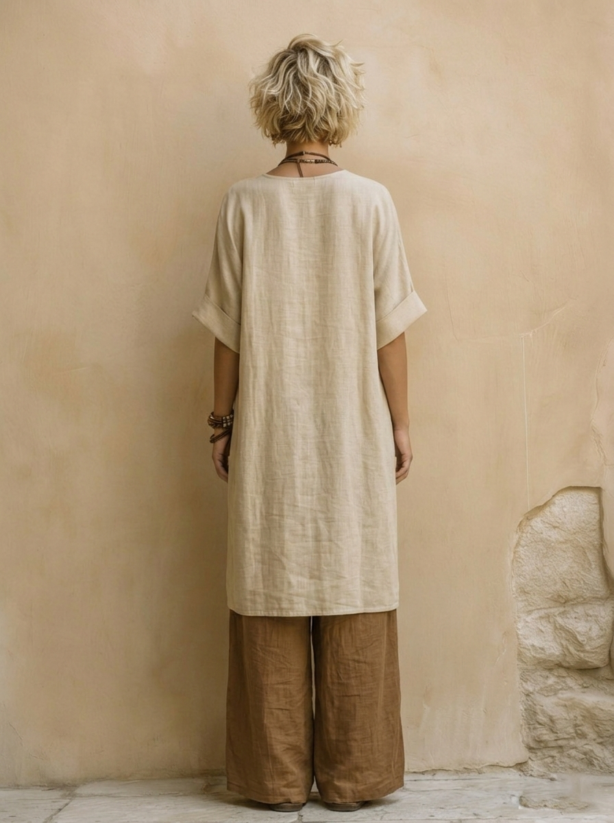 Zara three-piece set in beige and brown, back view of top and trousers
