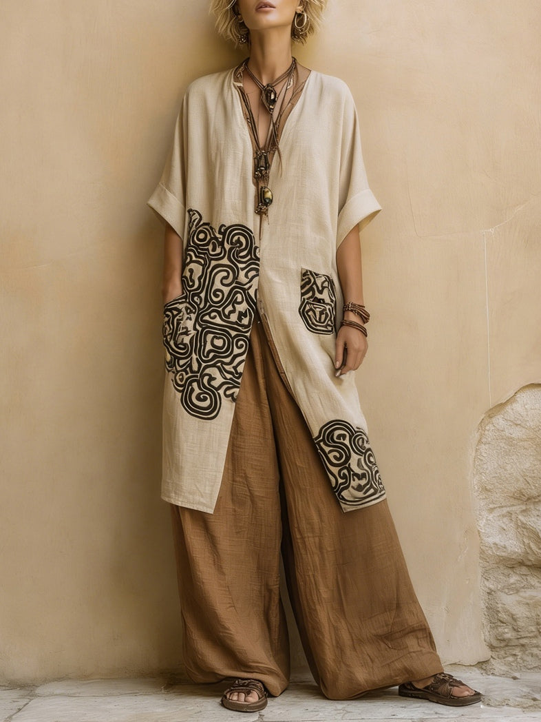 Zara patterned long top and brown wide-leg trousers, front view without cardigan
