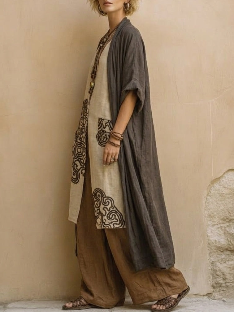 Zara tribal pattern set in grey brown, side view with long open cardigan