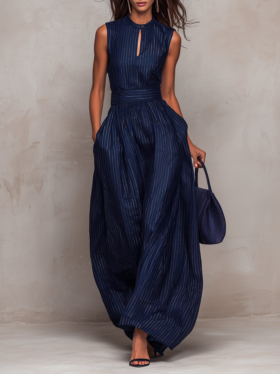 Sapphire wide-leg jumpsuit in navy stripes, full-length front view