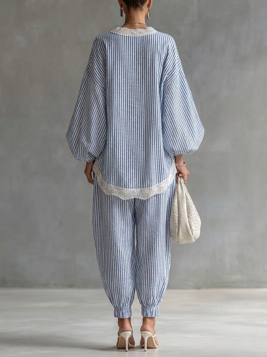 Sofia blue striped two-piece set, back view showing batwing sleeves