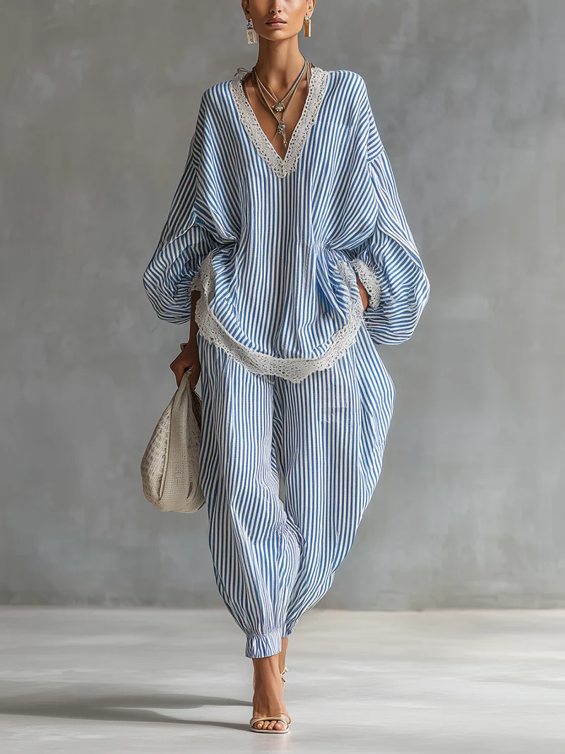 Sofia blue striped two-piece set, full-length front view with lace-trimmed V-neck