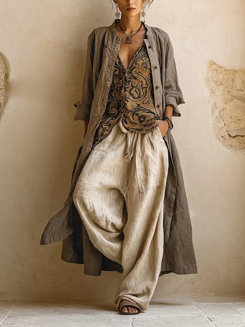 Sienna layered three-piece set with printed top, beige trousers and taupe cardigan, front view