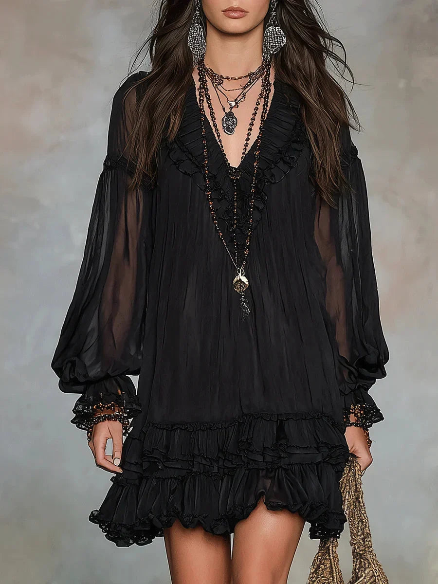 Aurelia ruffle trim mini dress in black, close front view of ruffled neckline