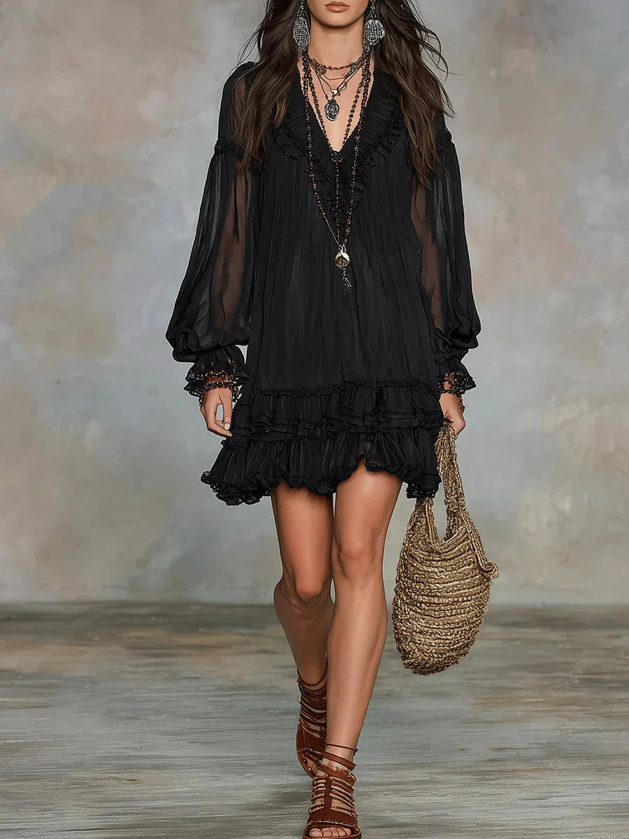 Aurelia ruffle trim mini dress in black, full-length front view