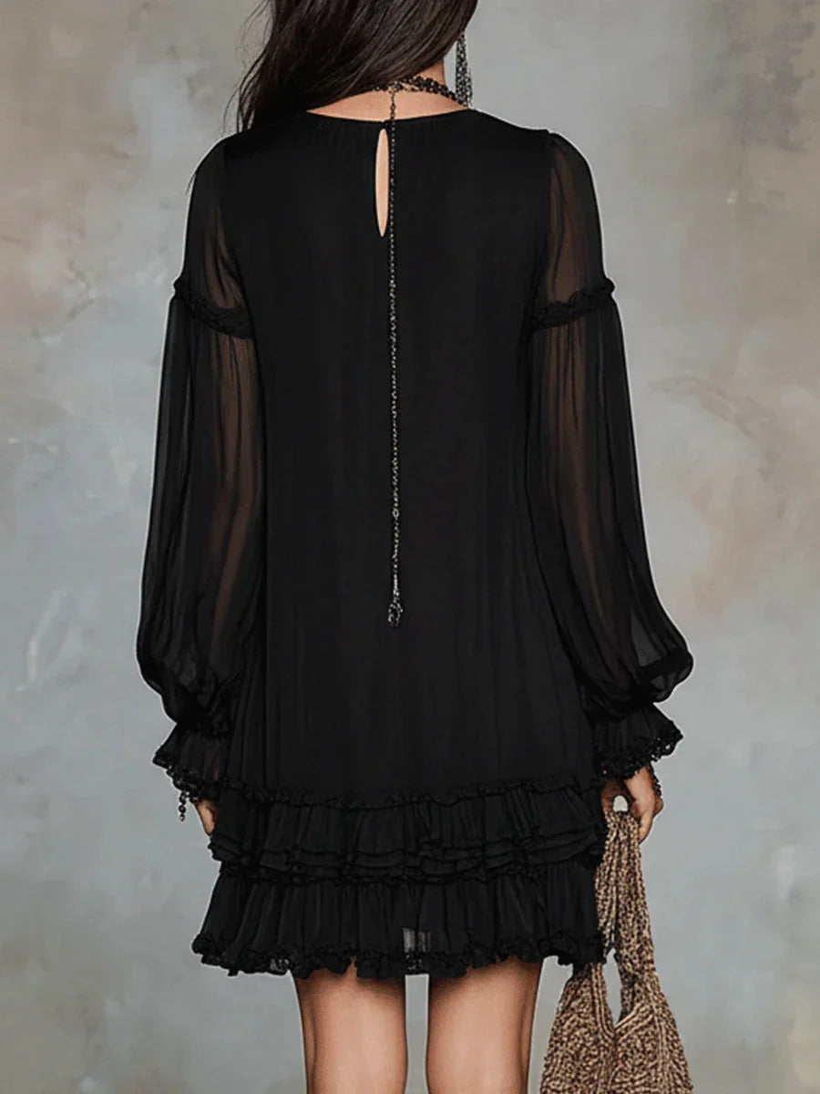 Aurelia ruffle trim mini dress in black, back view with keyhole neck
