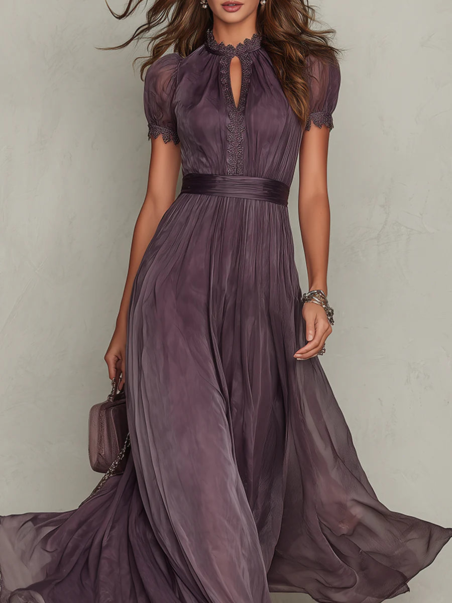 Ruby maxi dress in purple, close view of lace keyhole neckline and sash waist