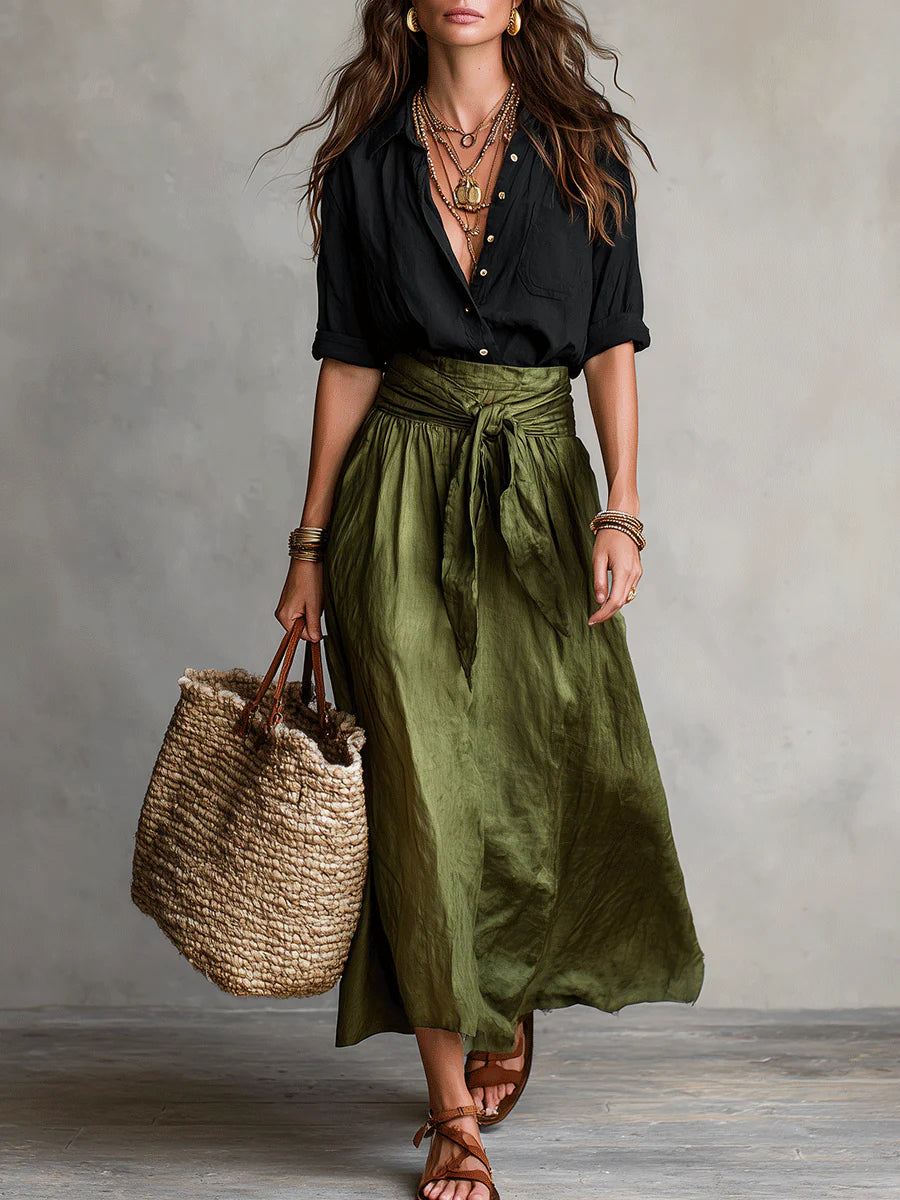 Camilla | Coordinato camicia e gonna midi con cintura da annodare