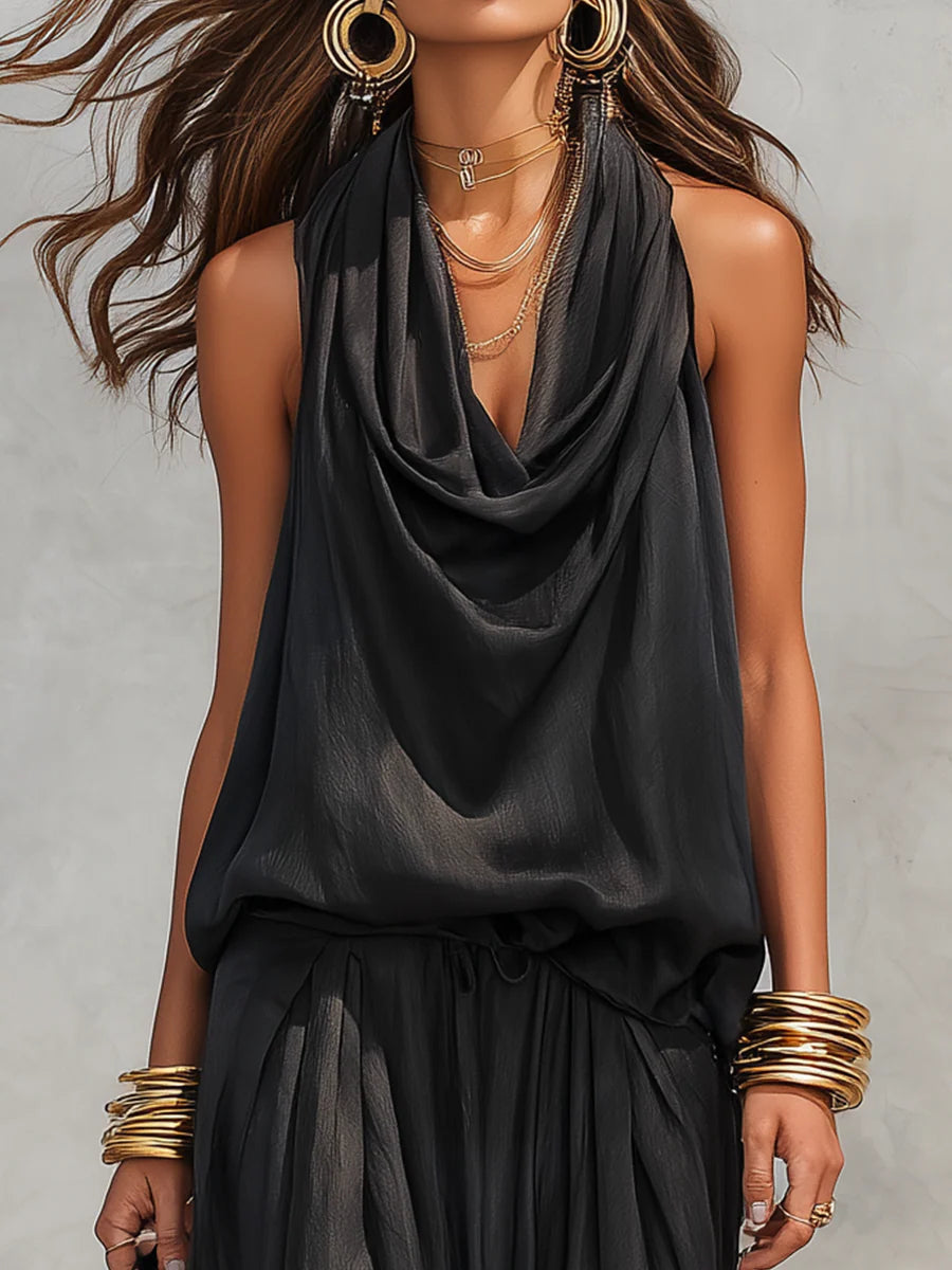 Serena set in black, close-up of draped cowl halter neckline