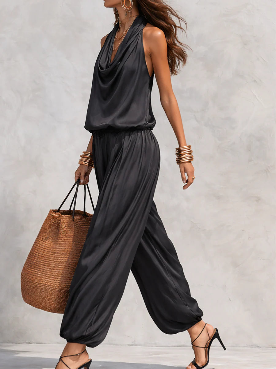 Demetria halter top and wide-leg trousers in black, side view