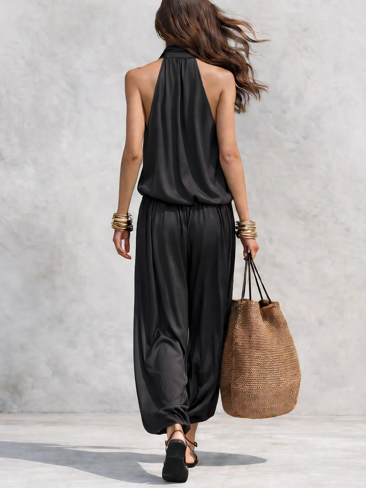 Demetria two-piece set in black, open-back rear view