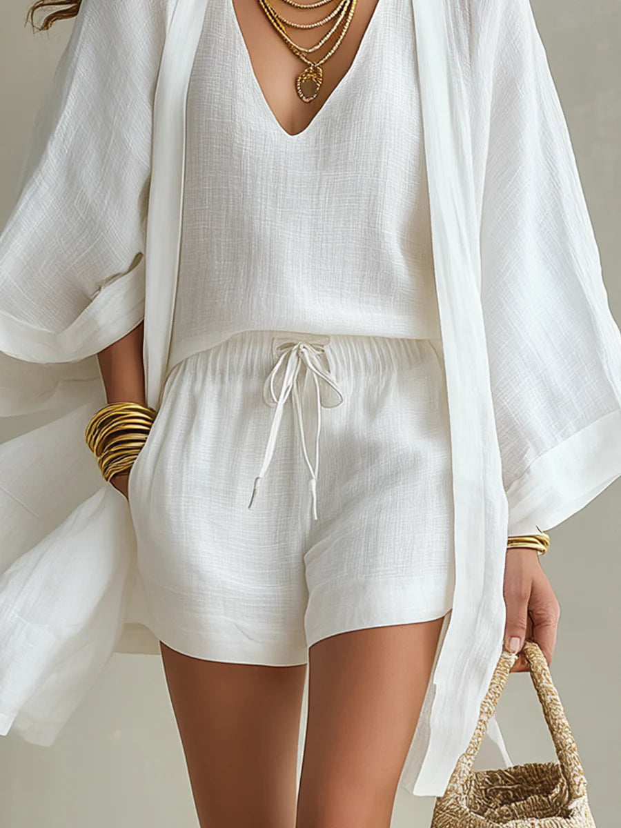 Sophie set in white, close-up of drawstring shorts with side pockets