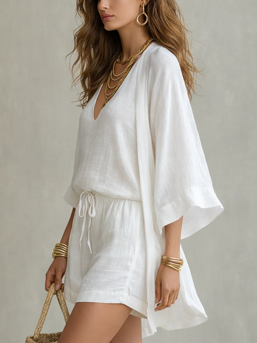 Sophie cardigan and shorts set in white, side view