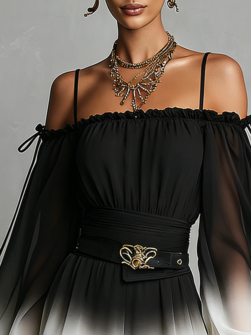 Bianca chiffon jumpsuit close-up of off-shoulder neckline and gold buckle belt