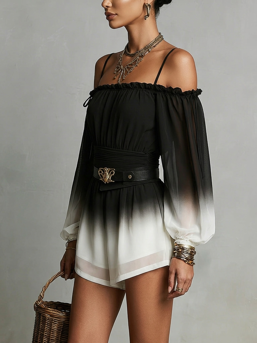 Bianca chiffon jumpsuit in black and white ombre, three-quarter side view