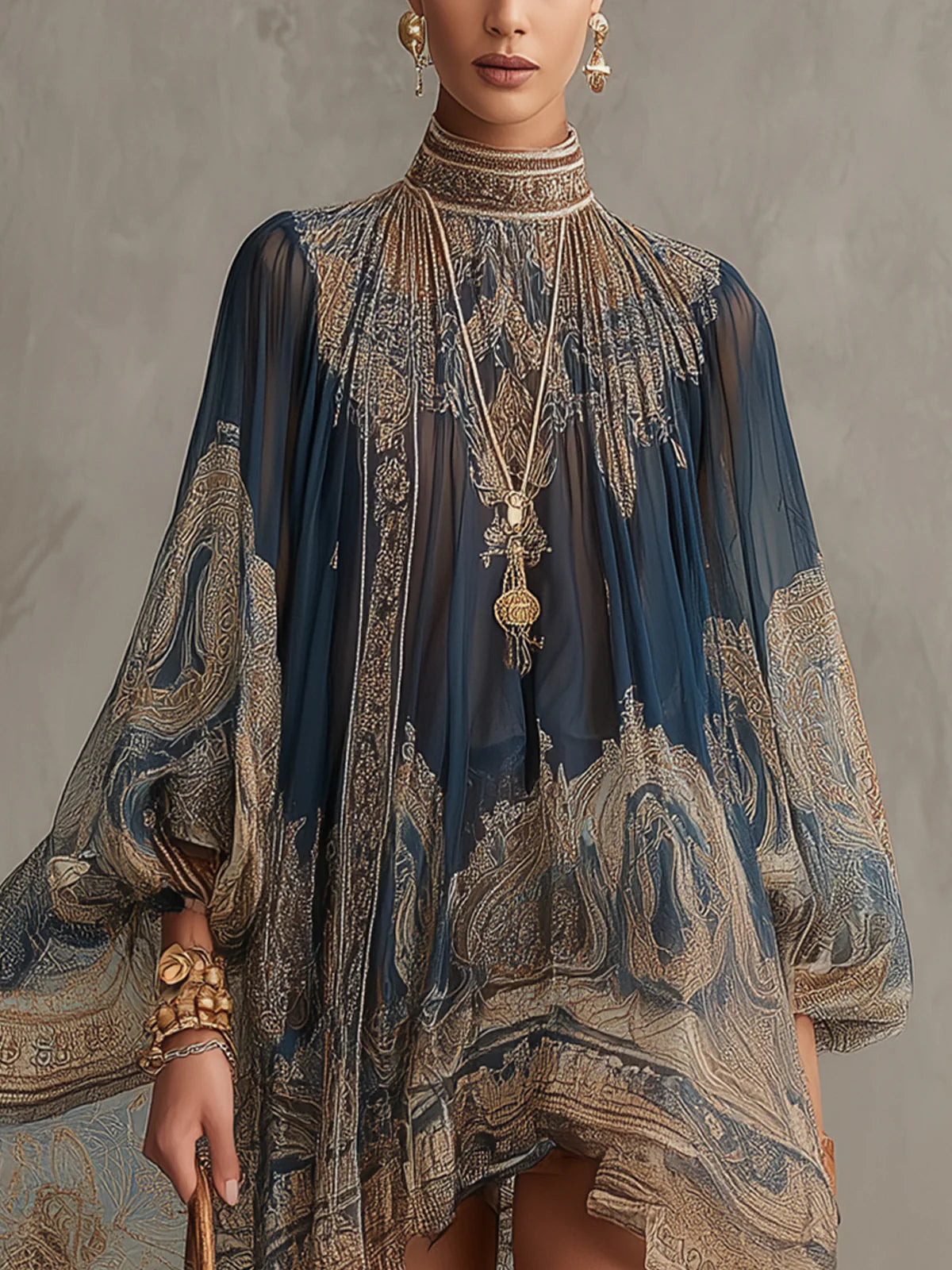 Bérénice navy chiffon dress, close-up of high banded neck and gold print