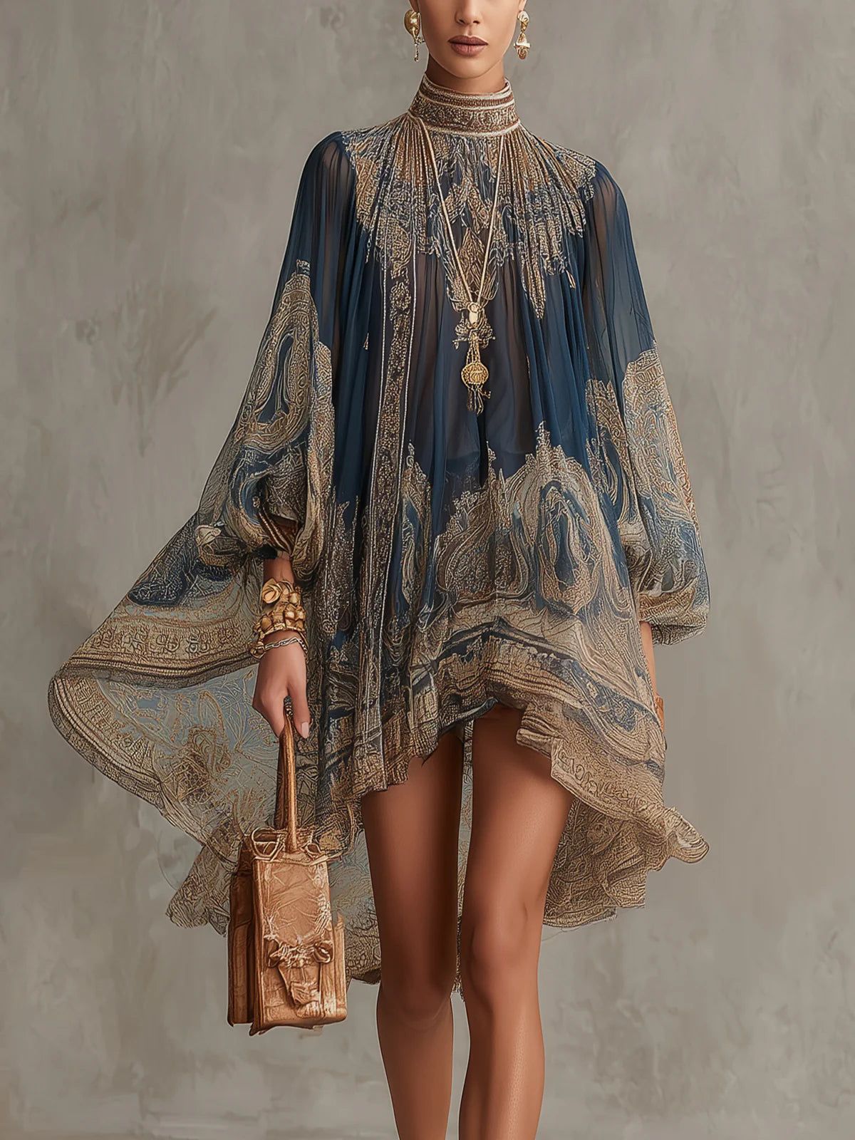 Bérénice baroque-print mini dress in navy, front view with balloon sleeves