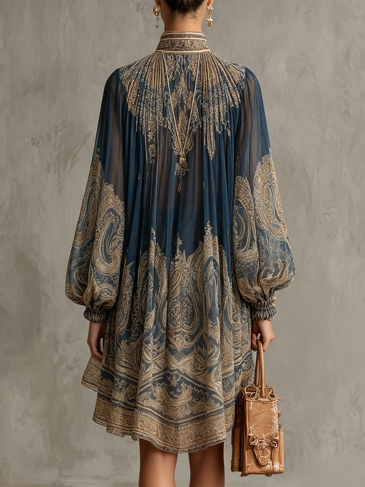 Bérénice baroque-print mini dress in navy, back view showing gathered chiffon