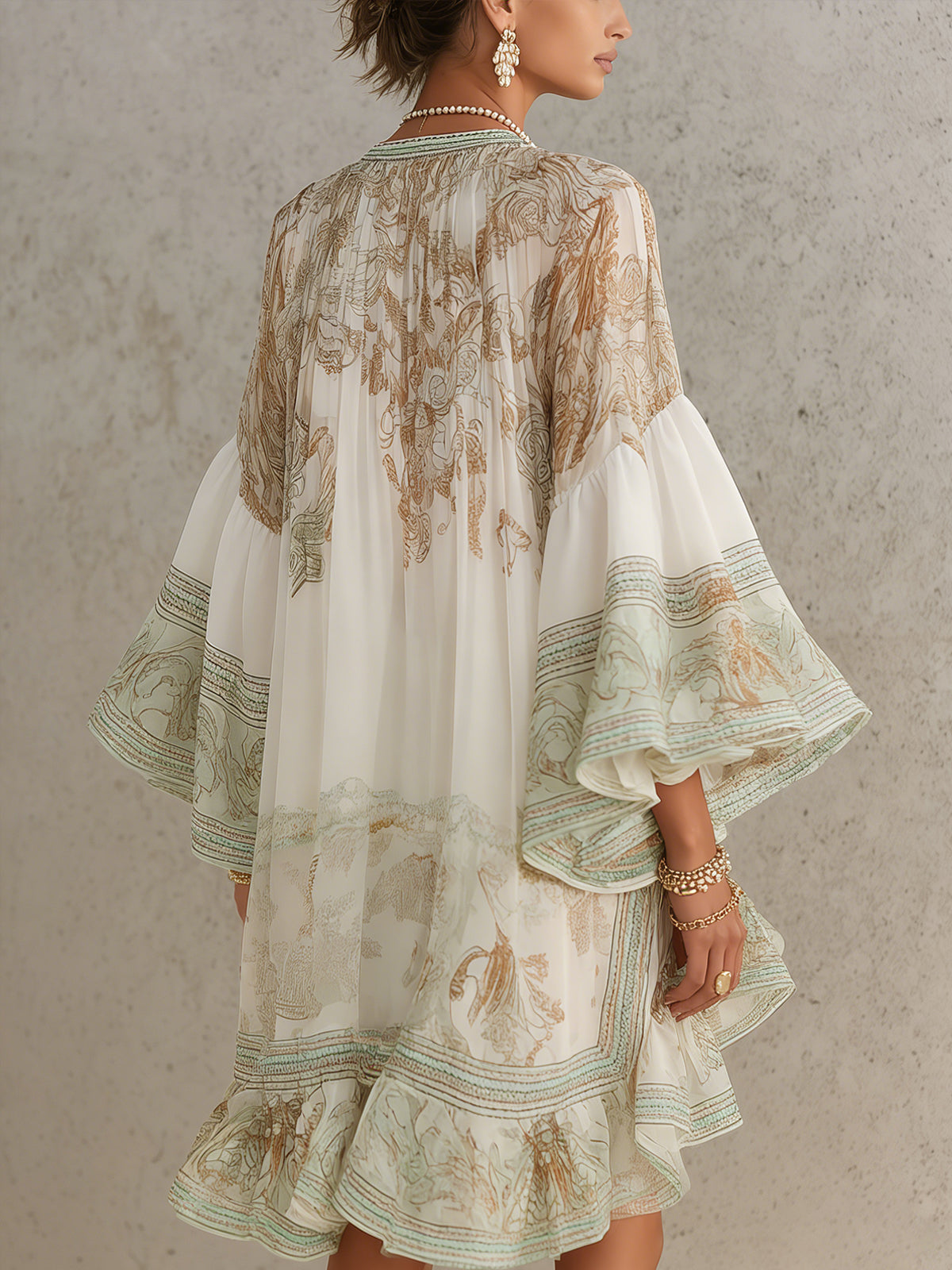 Rosalie printed mini dress in green and ivory, back view