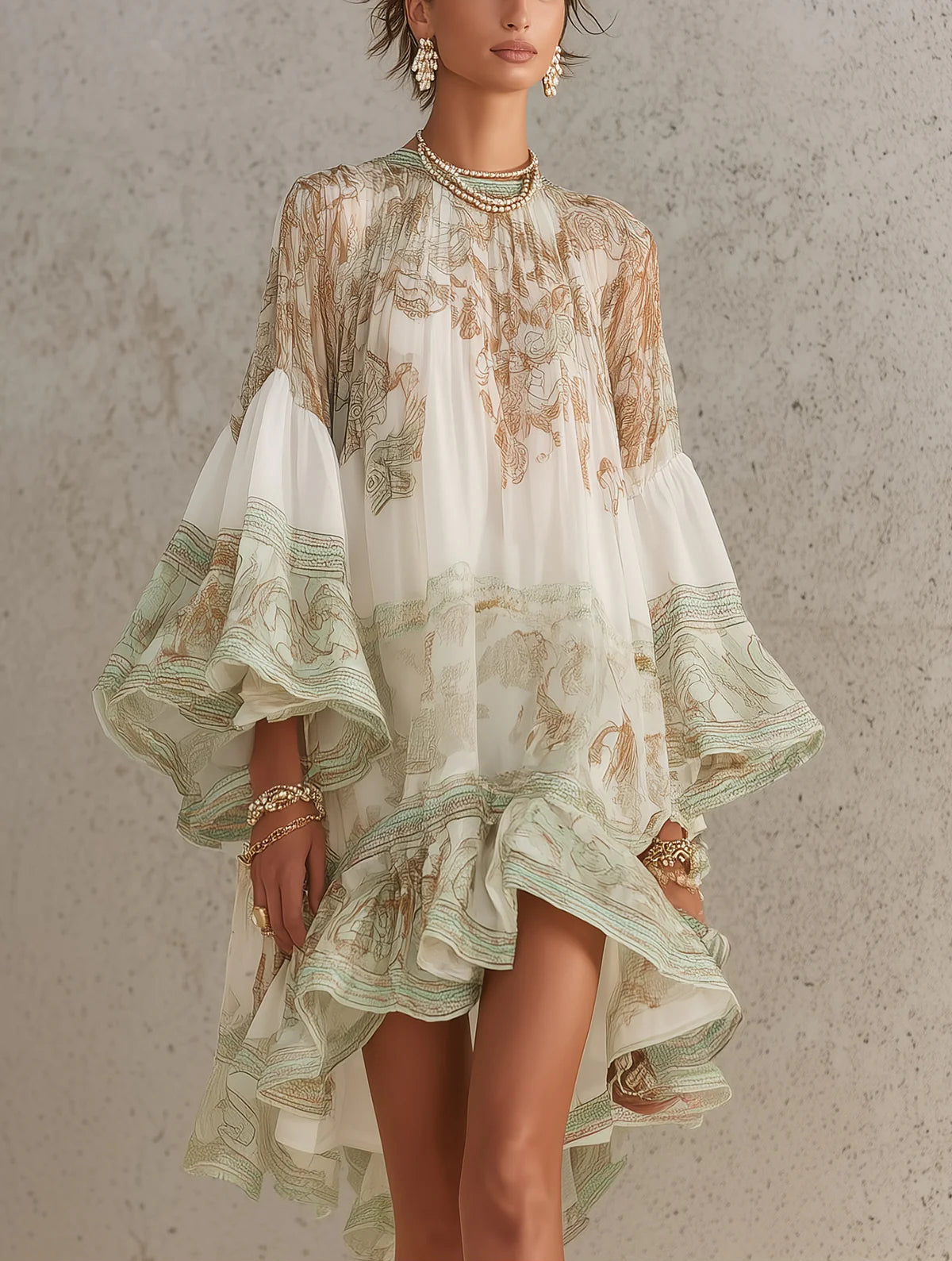 Rosalie printed mini dress in green and ivory, front view with ruffle sleeves