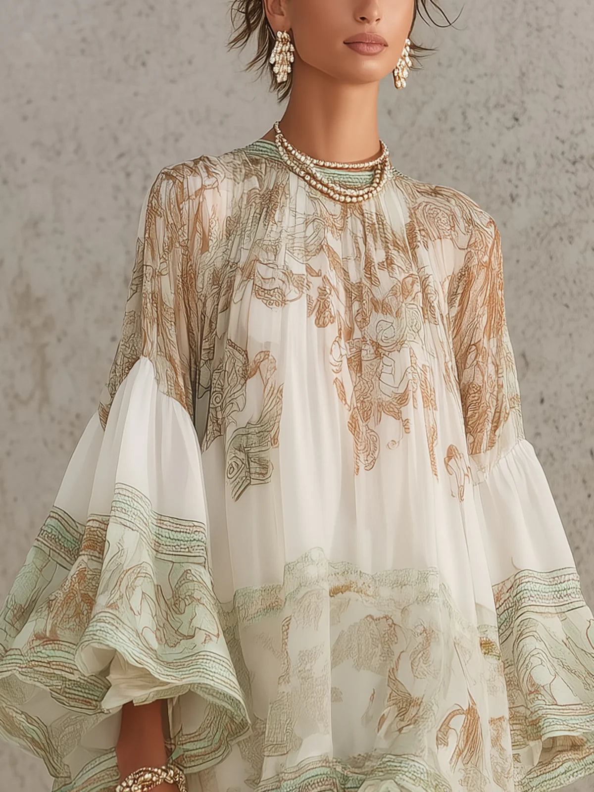Rosalie mini dress close-up of gathered neckline and gold print