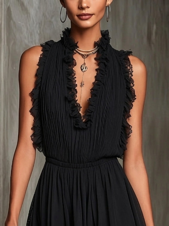 Mélaine black jumpsuit close-up of ruffled V neckline