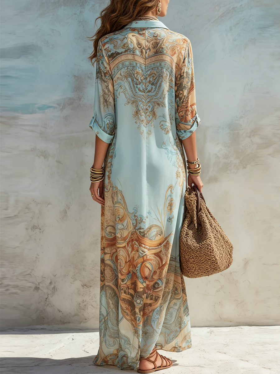 Delilah blue floral maxi shirt dress, full-length back view with baroque print