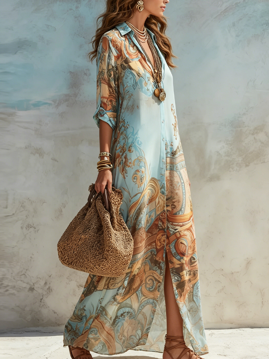 Camilla baroque print maxi dress in blue, side view showing open front hem