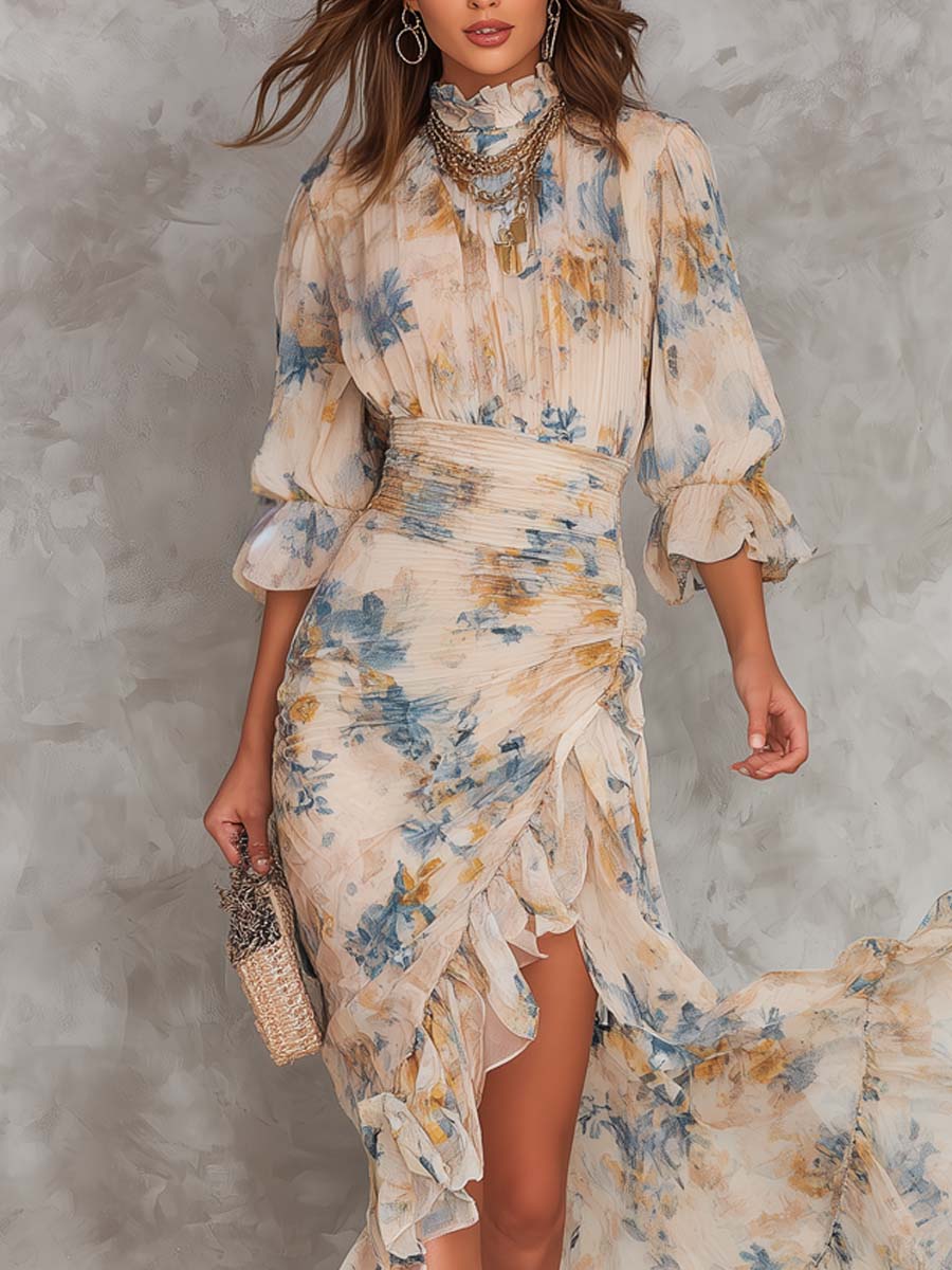 Daphne floral maxi dress in cream, close view of ruched waist and sleeves
