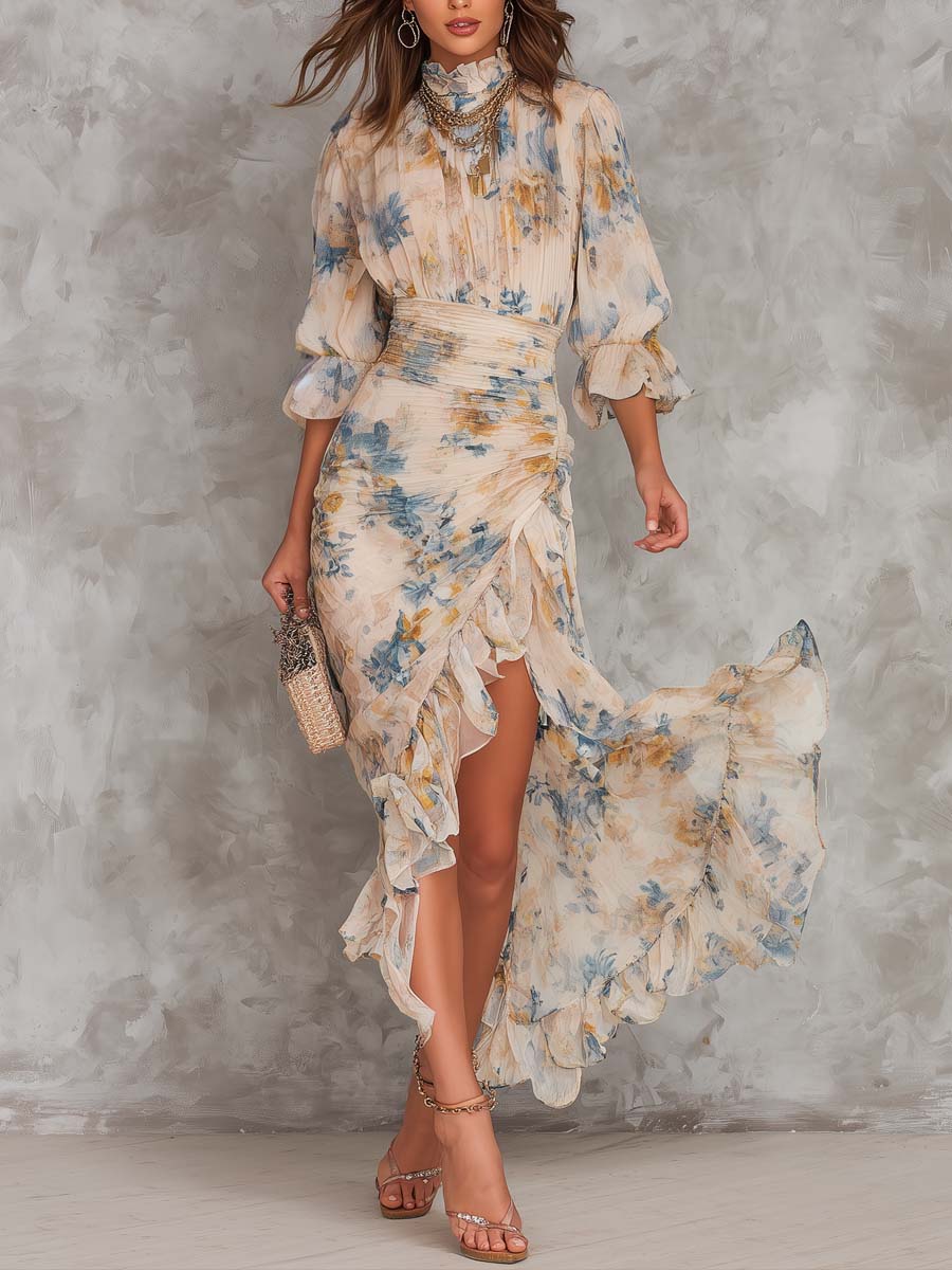 Daphne painted floral ruffle maxi dress in cream, full-length front view